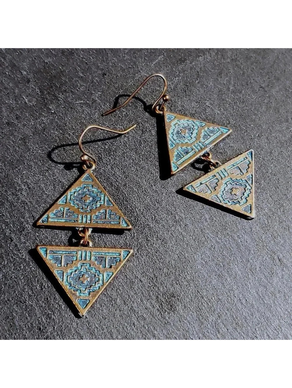 Antique Copper Verdigris Blue Green Patina Double Carved Triangles Earrings